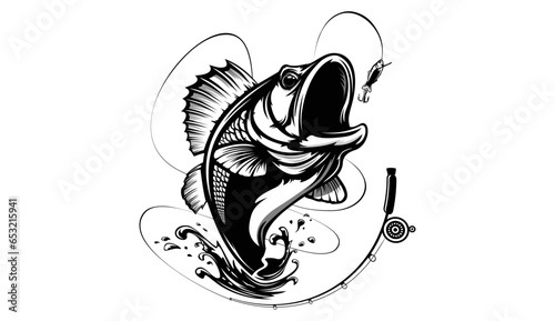 Fishing bass logo. Bass fish with rod club emblem. Fishing theme illustration. Fish Isolated on white.