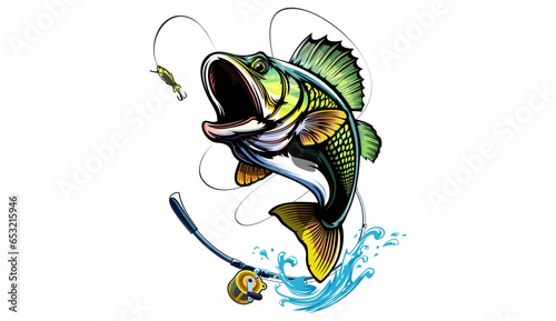 Fishing bass logo. Bass fish with rod club emblem. Fishing theme illustration. Fish Isolated on white.