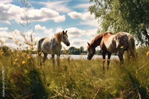 pair of horses grazing in a sunny field © Alfazet Chronicles