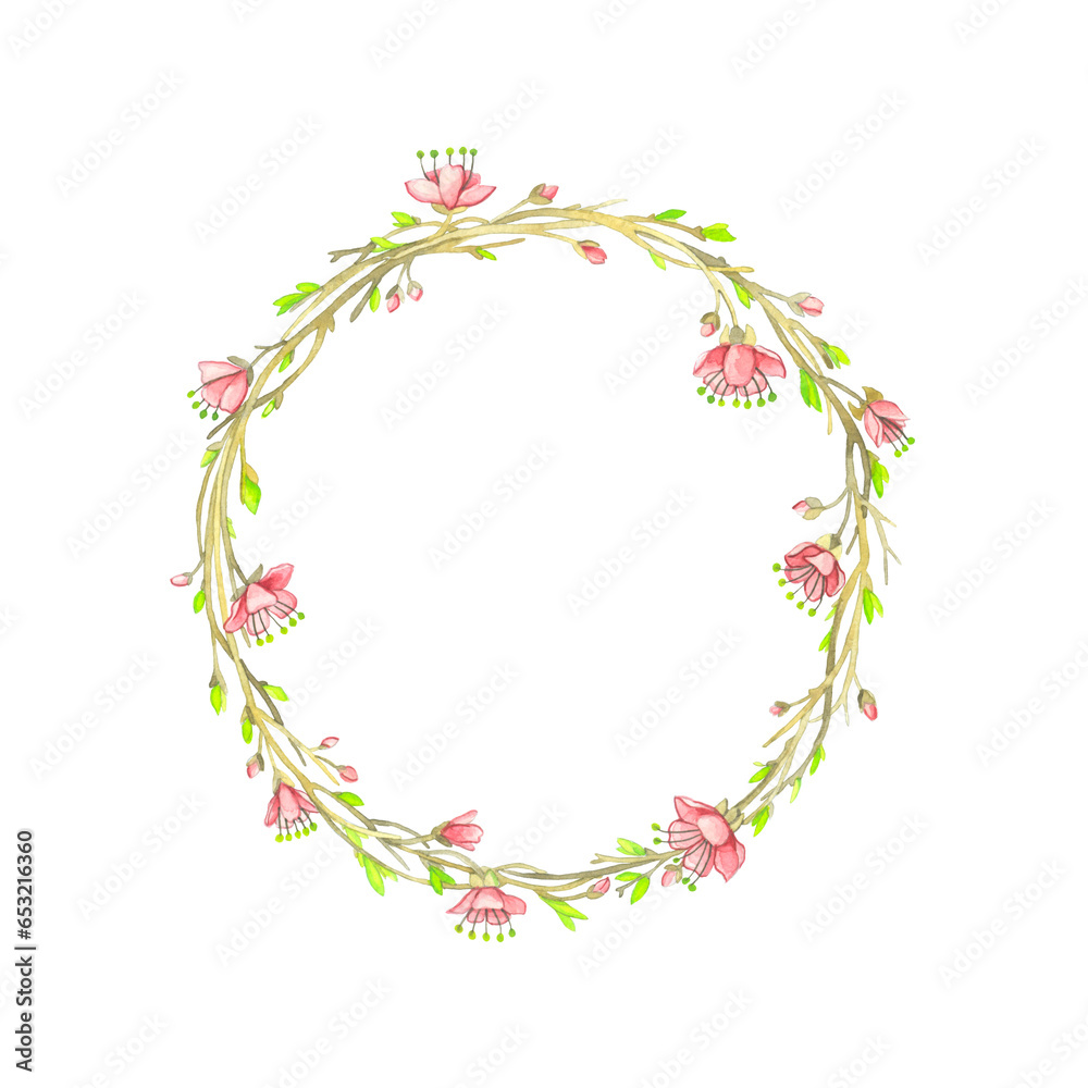 Watercolor spring wreath with young branches and leaves, buds, flowers on a white background.