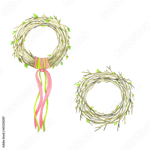 Watercolor spring wreath on a white background. Wreath with young, blooming branches and ribbons.