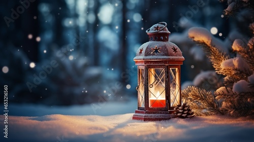 Christmas Lantern accompanied by a fir branch on the snow in an evening Christmas setting