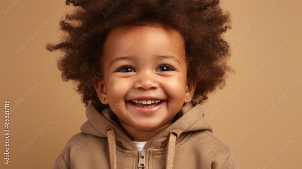 A charming afro-haired little boy radiating joy, showcasing a heartwarming smile against a soft beige studio backdrop. A charming afro-haired little boy radiating joy, showcasing a heartwarming smile against a soft beige studio backdrop.