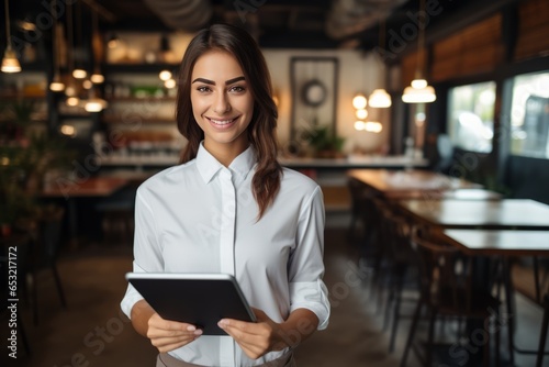 smiling woman in restaurant serving customers while holding tablet generative ai