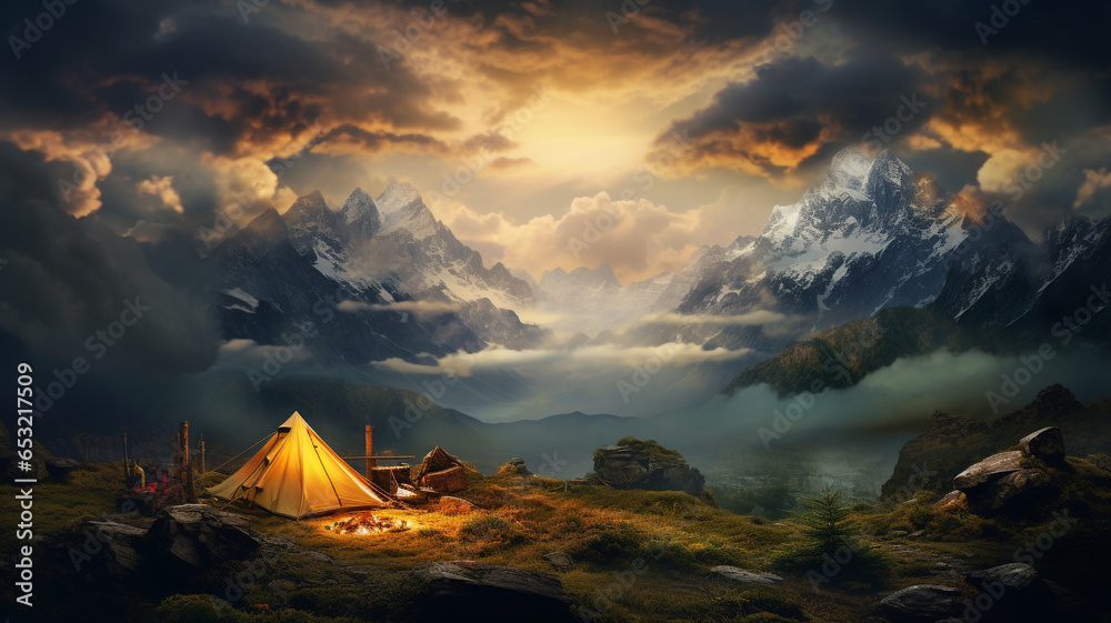 View of tent camping landscape with mountains, sun rise, clouds background. - obrazy, fototapety, plakaty 