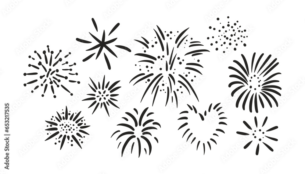 Obraz premium Set of simple hand drawn fireworks. Doodle sketch style. Festive firework icons collection. Black vector illustration isolated on white background
