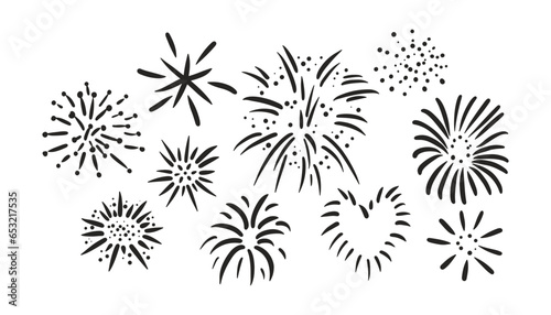 Set of simple hand drawn fireworks. Doodle sketch style. Festive firework icons collection. Black vector illustration isolated on white background