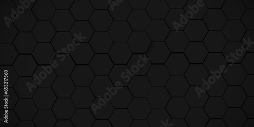 Background of abstract black 3d hexagon background design a dark honeycomb grid pattern. Abstract octagons dark 3d background. Black geometric background for design.