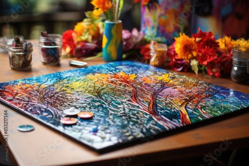 colorful jigsaw puzzle completely assembled on a table