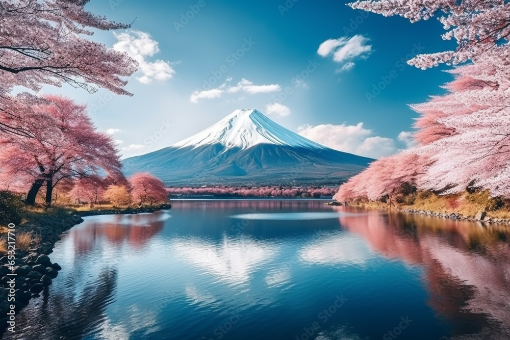 Fuji Mountian in coloful travel season in Japan. - obrazy, fototapety, plakaty 