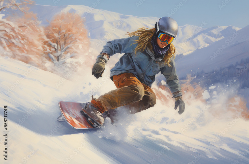 skiing downhill,a woman snowboarder in the snow