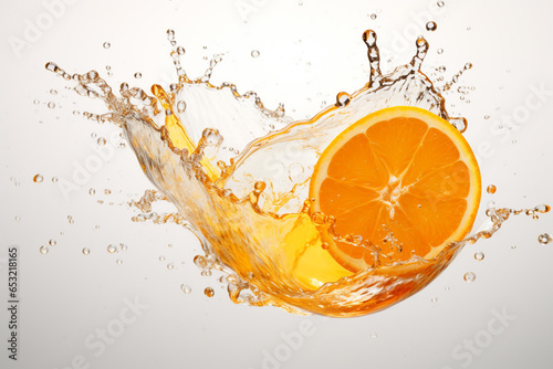 Splashing of orange juice on white background
