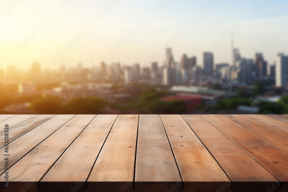 Top of surface wooden table with blurred city buildings and sun light background. Top of surface wooden table with blurred city buildings and sun light background.