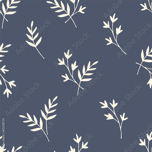 Small light twigs on a dark blue background. Simple floral vector seamless pattern. For fabric prints, textile products, men's shirts, clothes.