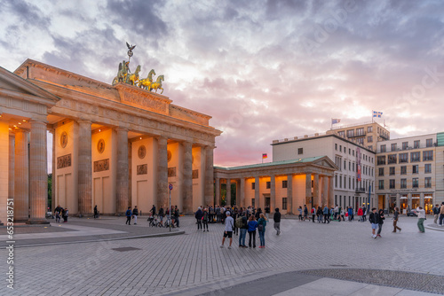View of Brandenburg Gate at dusk, Pariser Square, Unter den Linden, Berlin photo