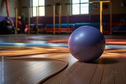 yoga ball and exercise bands on gym floor