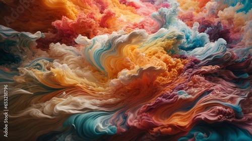 Illustration Of A Swirling Liquid Cloud Colour Paint, Paint Drip, In The Style Of Triple Exposure Photography. Vibrant, Striking Colours, Extremely Cinematic. © Evolved Design