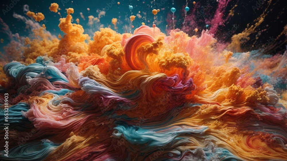 Obraz premium Illustration Of A Swirling Liquid Cloud Colour Paint, Paint Drip, In The Style Of Triple Exposure Photography. Vibrant, Striking Colours, Extremely Cinematic.