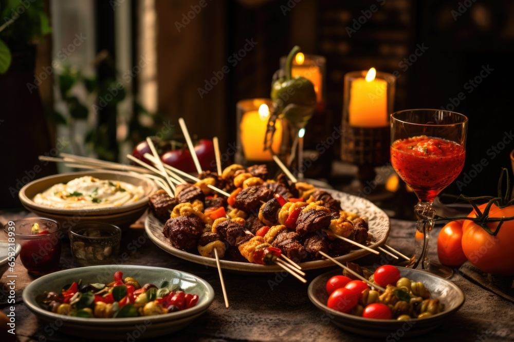 middle eastern style dining with delicious skewers and hummus