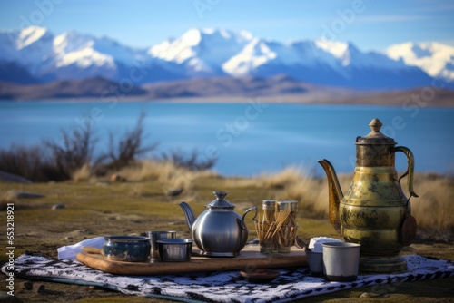 argentinian mate tea ceremony with scenic patagonian background photo