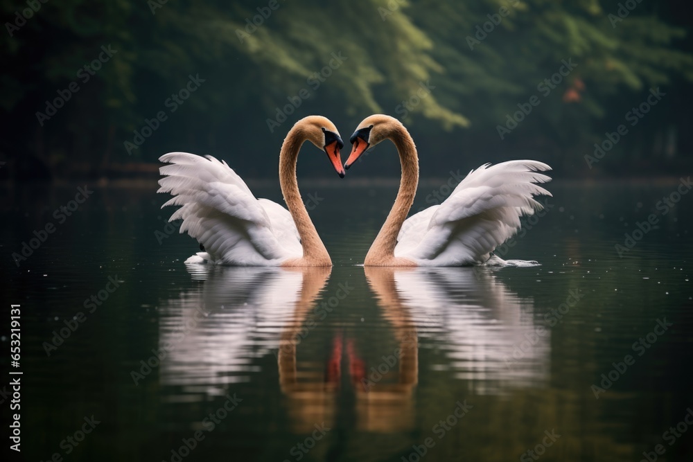 a pair of swans forming a heart shape with their necks on a lake a pair of swans forming a heart shape with their necks on a lake