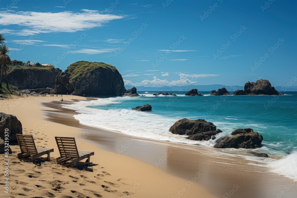 An expansive panorama of a deserted sandy beach, flanked by rugged cliffs on one side and the endless expanse of the ocean on the other