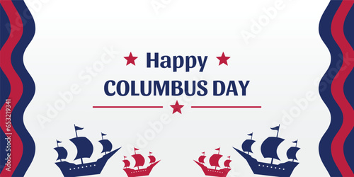 Columbus Day celebration background with ship silhouette icon and free copy space area. american flag color design, vector for banner, greeting card, poster, web, social media.