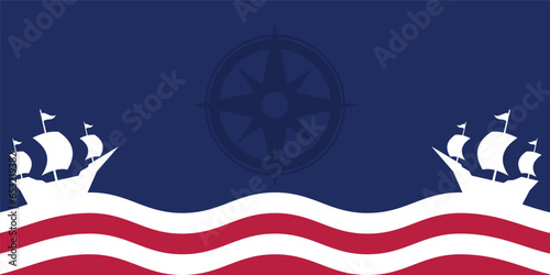 Columbus Day celebration background with ship silhouette icon and free copy space area. american flag color design, vector for banner, greeting card, poster, web, social media.