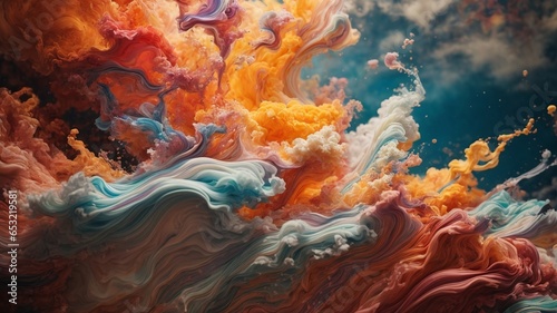 Illustration Of A Swirling Liquid Cloud Colour Paint, Paint Drip, In The Style Of Triple Exposure Photography. Vibrant, Striking Colours, Extremely Cinematic. © Evolved Design