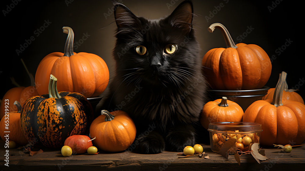 Black cat with pumpkins on Halloween Black cat with pumpkins on Halloween