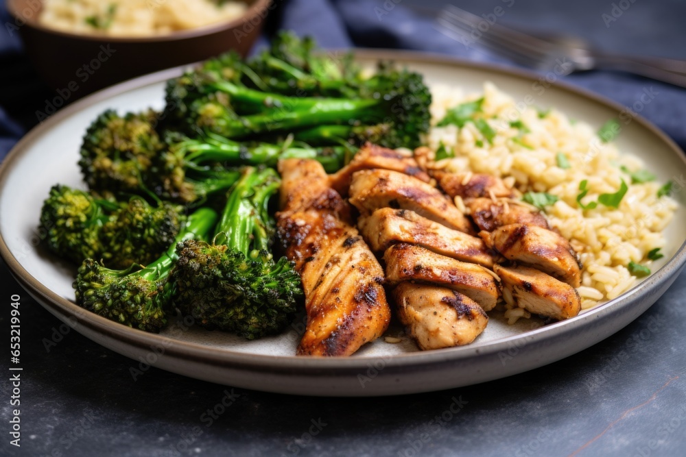 a plate with grilled chicken breast, brown rice and broccolini