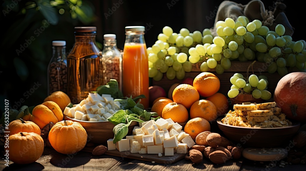 Autumn still life with fruits, berries and autumnal leaves on wooden background.