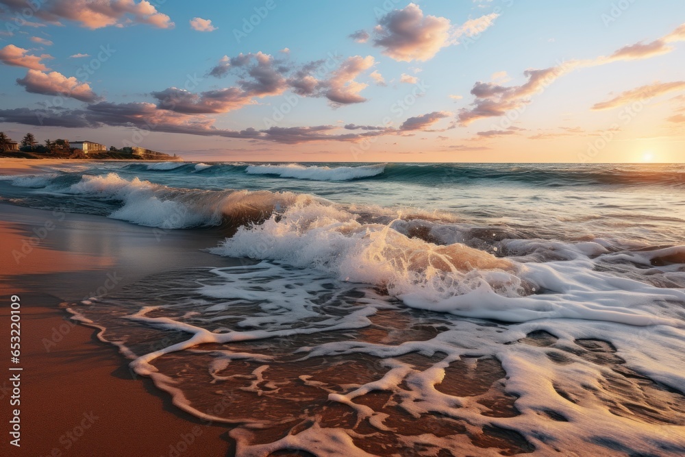 Obraz premium A tranquil sandy beach at sunrise, with pastel hues painting the sky and the gentle glow of the morning sun