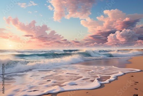A tranquil sandy beach at sunrise, with pastel hues painting the sky and the gentle glow of the morning sun
