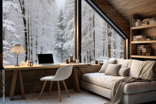 Office interior decorate with winter season. Generative AI