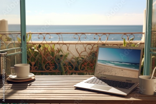 a laptop on a terrace with a sea view