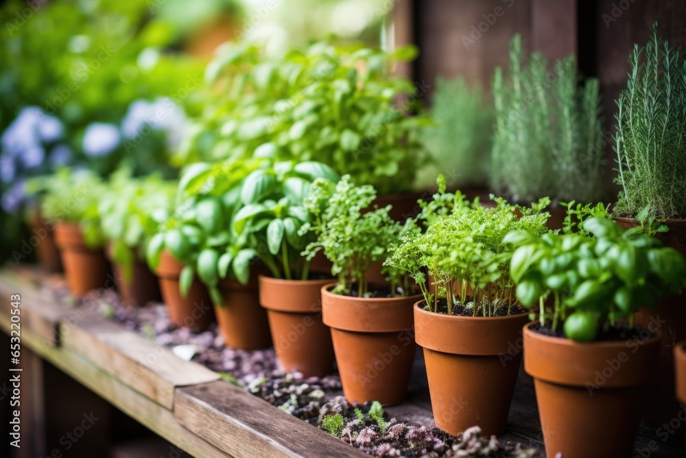 selection of fresh herbs growing in pots
