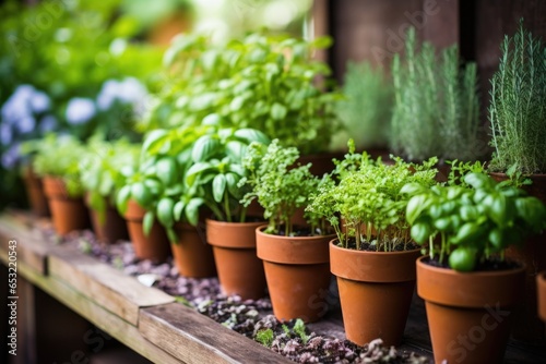 selection of fresh herbs growing in pots