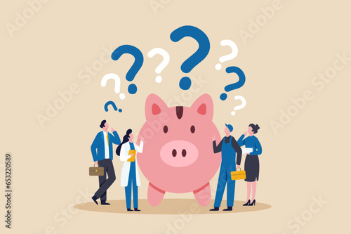 Vector of a group of people of different occupations standing next to a piggy bank thinking about their financial future and retirement plan