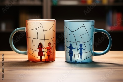 child custody documents between two coffee mugs signaling separation photo