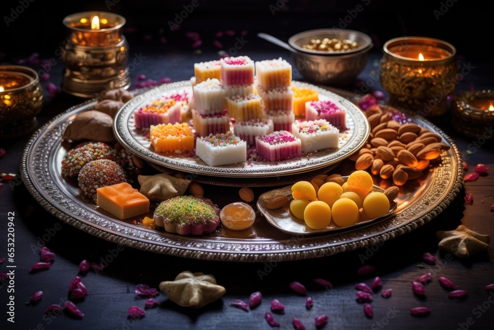 spreading sweets on a decorated plate for diwali spreading sweets on a decorated plate for diwali