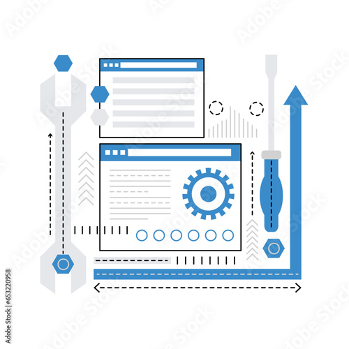 Web technical support. Online tech assistance, seo optimization graphic icon illustration