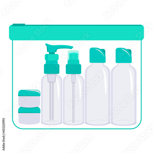 set of bottles, a set of cosmetics for flights and travel. turquoise. White background