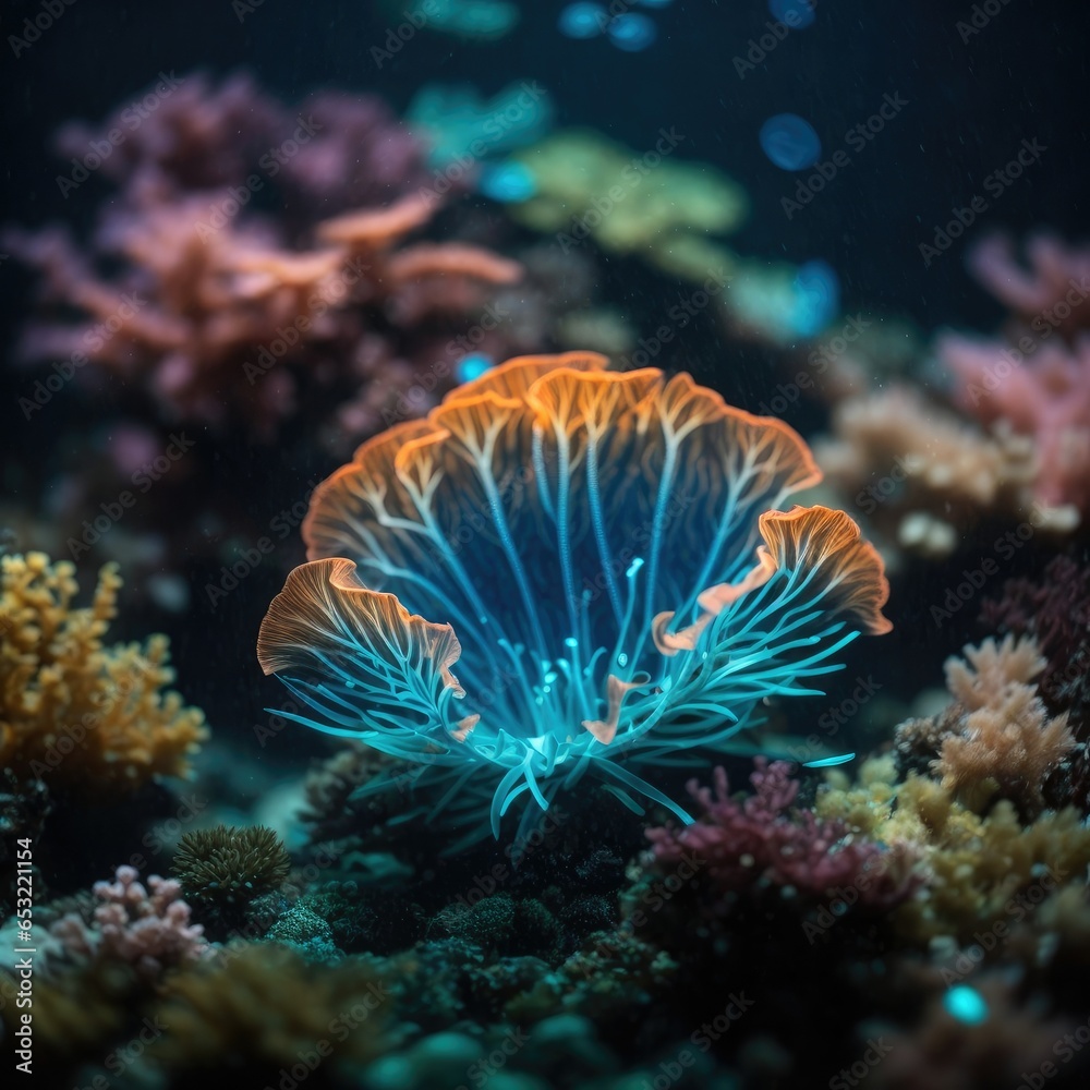 Fototapeta premium The Luminous Depths: Discovering Glow and Colors Below the Surface, Generative AI