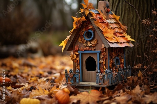 Foto birdhouse decorated with fallen leaves
