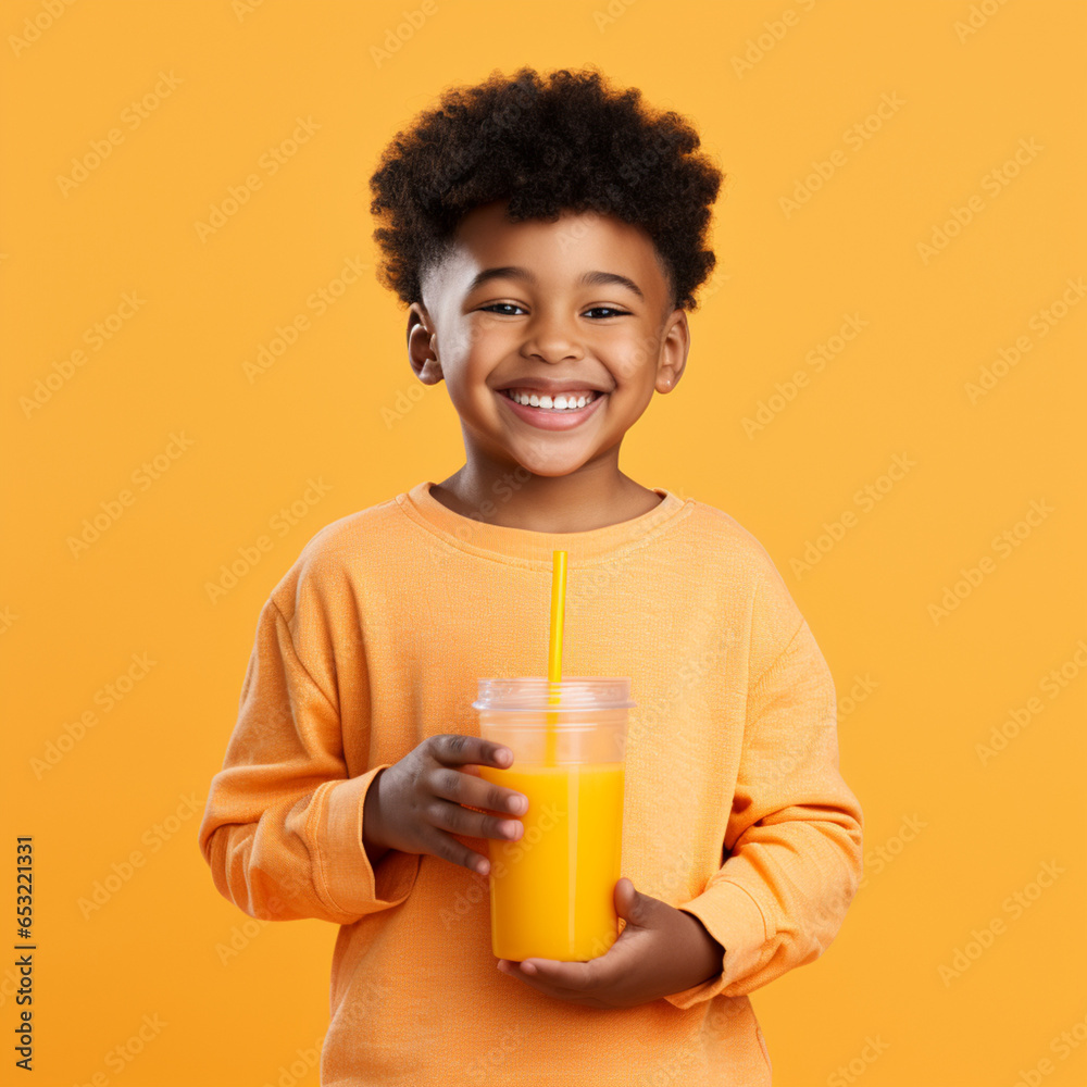 Black child with an orange juice. Black child with an orange juice.