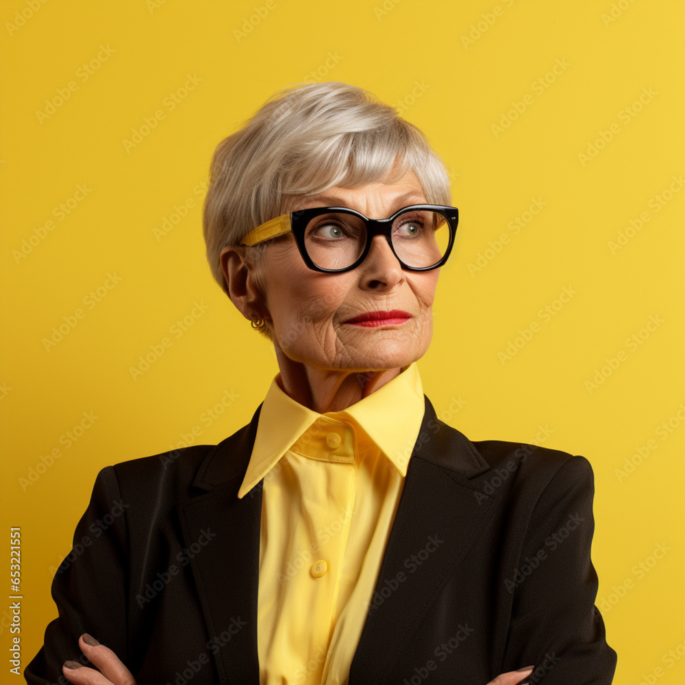 Business senior woman on a yellow background.