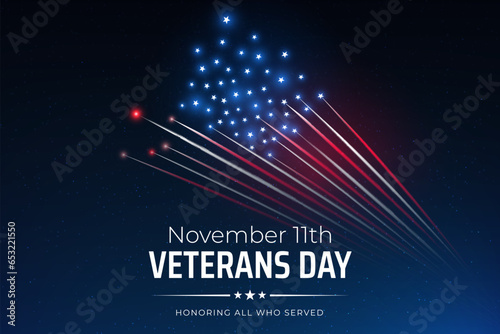 Veterans day november 11, template american fireworks blue sky background. Fireworks US flag. November 11th Happy Veterans Day, USA national holiday. Banner, poster, greeting card. Vector illustration