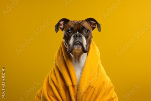 Environmental portrait photography of a funny boxer dog wearing a plush robe against a yellow background. With generative AI technology © Markus Schröder