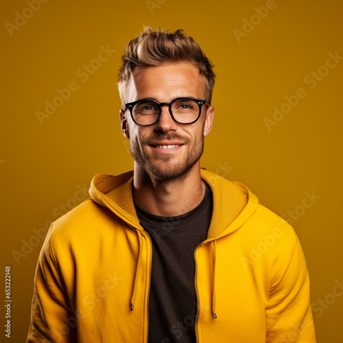 Man with glasses on a yellow background. © DALU11